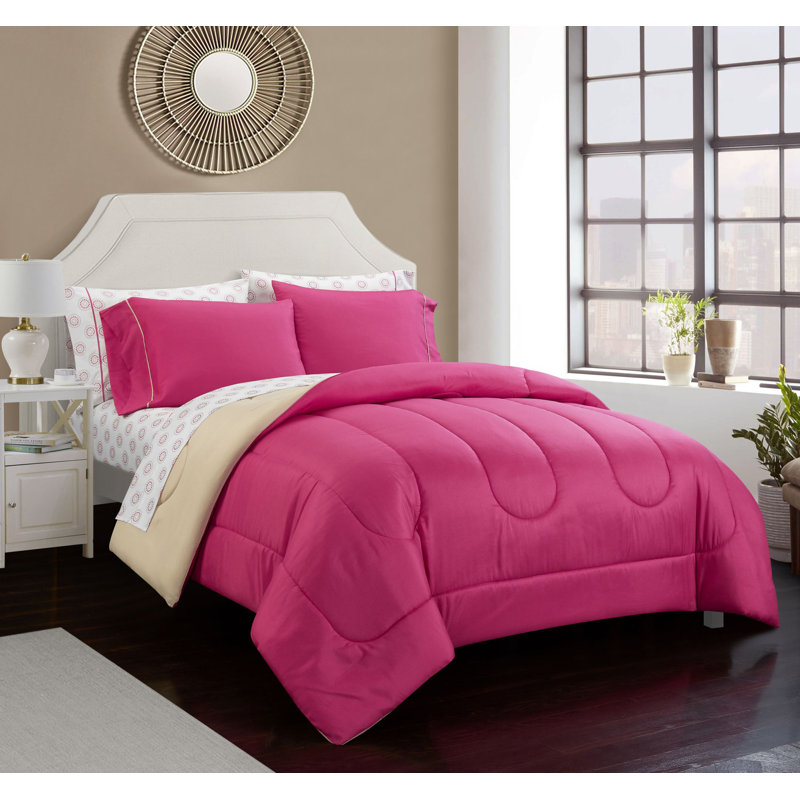 7pc Comforter Sets Polyester Comforter, Full/Double Comforter + 4 Pillow Cases, Fuschia