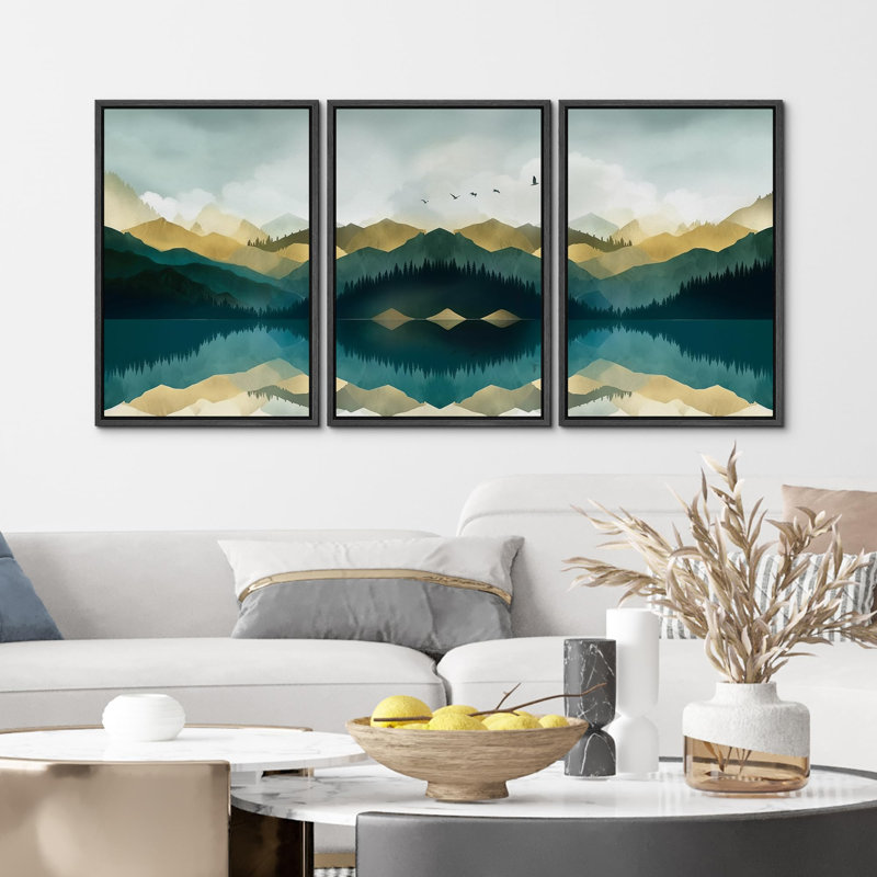 "Tranquil Mountain Reflection Nature Modern Decor Calm Relax Cosy For Bed" 3 - Pièces, Noir, H 24 po x l 16 po