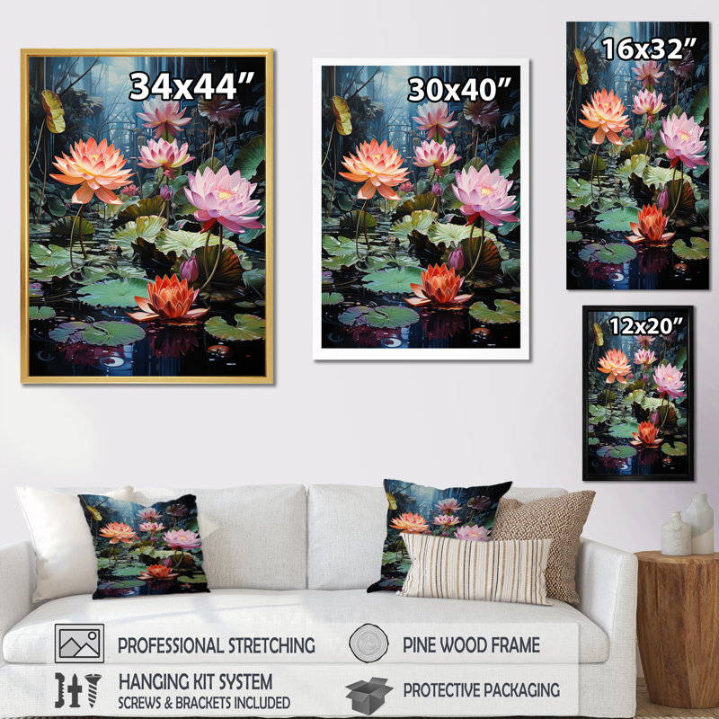 Japon Art Lotus Pond - impressions sur toile florales, H 44 po x l 34 po x P 1,5 po, Cadre photo noir