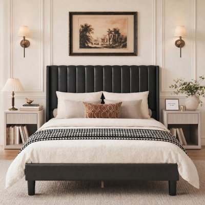Avelyn Upholstered Wingback Bed Frame With Fluted Nightstand Set, Bedroom Furniture Set