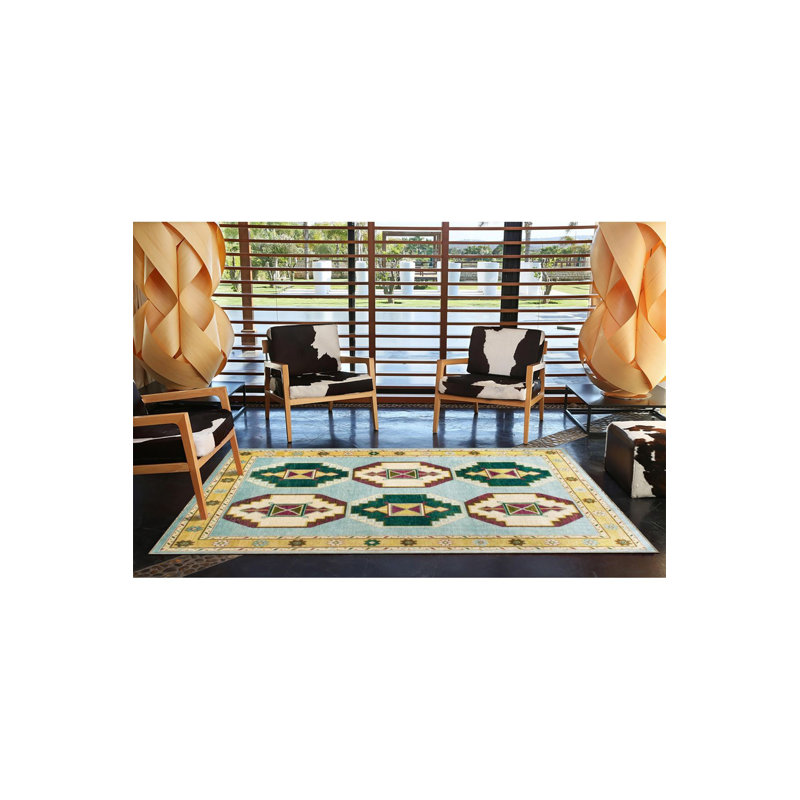 Tapis bleu lavable à motifs géométriques mixtes rétro, Sous-tapis carré 3 pi 3 po inclus