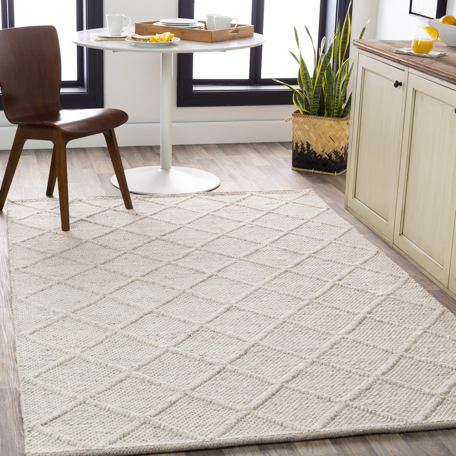 White Flatweave Geometric Rug, Rectangle 9' x 12'