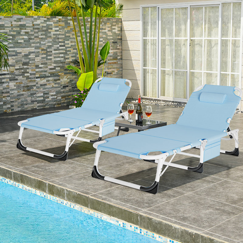 2PK Folding Lounge Chair with 5 Adjustable Positions, Hole, 2 Sided Cushion & Pillow, 2Carry Straps, Blue
