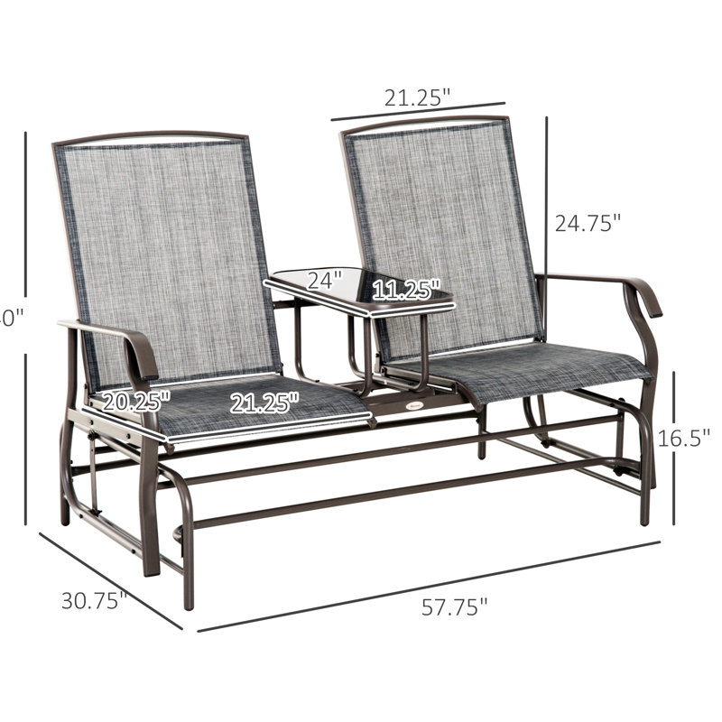 Metal Frame Glider Bench With Table Integration Feature. Gray Patio For Outdoor Spaces. Double Gliding Enjoyment. Breathable Mesh. 726 Lbs. Capacity. Backyard, Garden, Porch Selectable. 32"D X