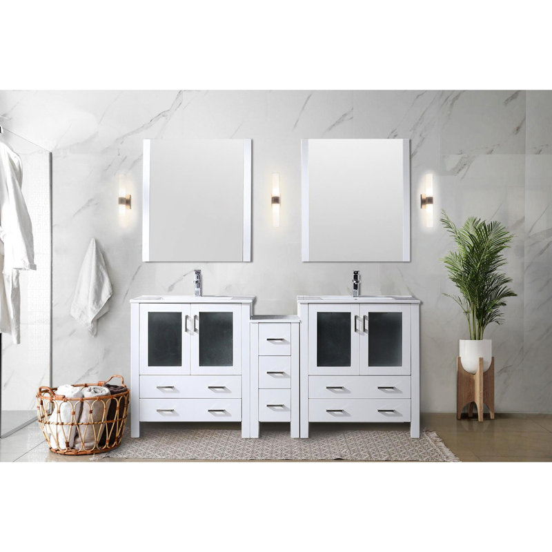 Meuble-lavabo double blanc 72 po L avec armoires latérales, plateau en céramique et 28 miroirs - robinet teinté x 18,25 po
