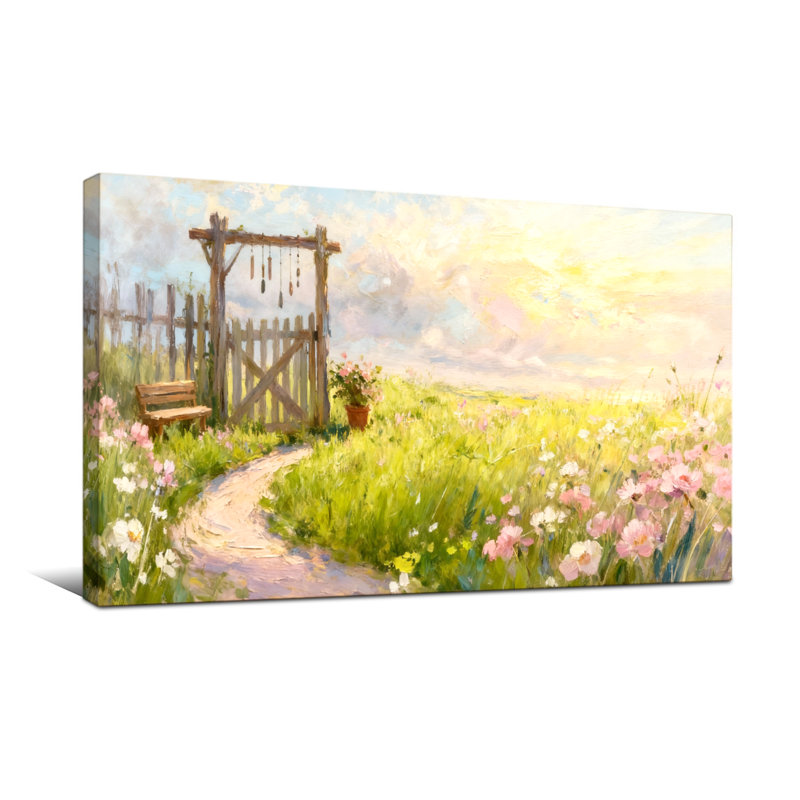 Plantes et fleurs, chemin de jardin avec fleurs et barrière, H 16 po x l 32 po