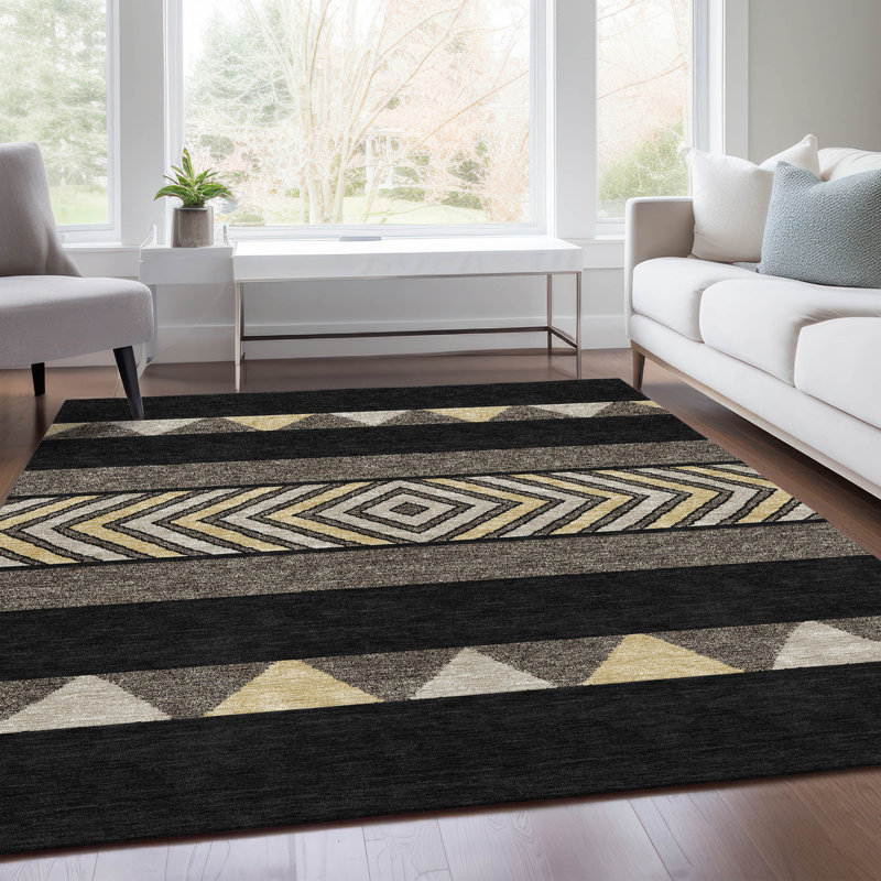 Premium Machine Washable Prisco Black Rug, Rectangle 10' x 14'