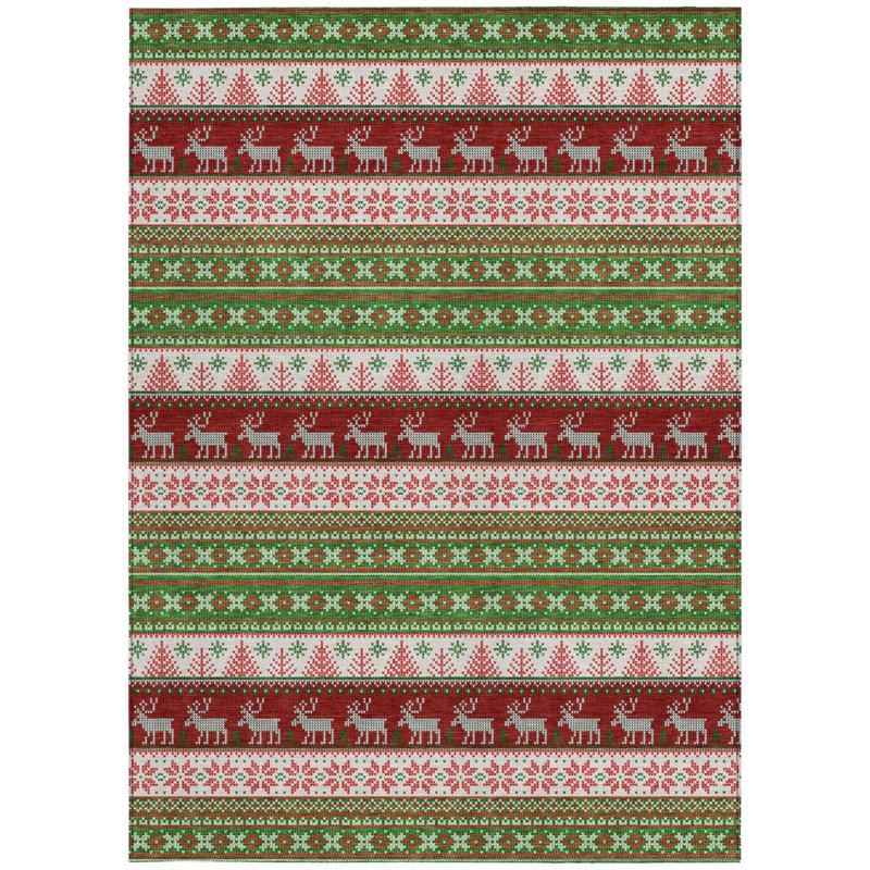 Tapis lavable intérieur/extérieur 90 x 150 cm, motif cerf vert, ivoire et rouge