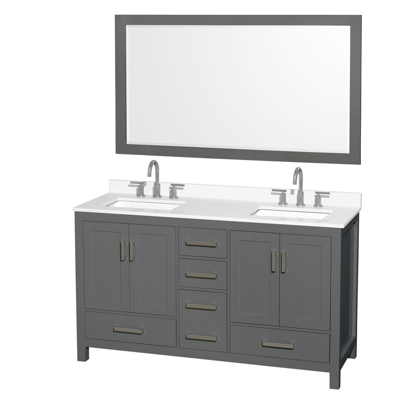 Sheffield 60" Freestanding Double Bathroom Vanity with Quartz Top with 58" Mirror, Chrome, Dark Gray, White Quartz