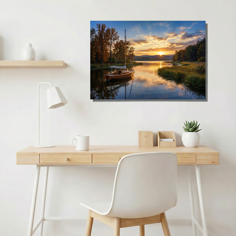 Impression sur toile, voilier en bois sur un lac doré au coucher du soleil, H 18 po x l 24 po