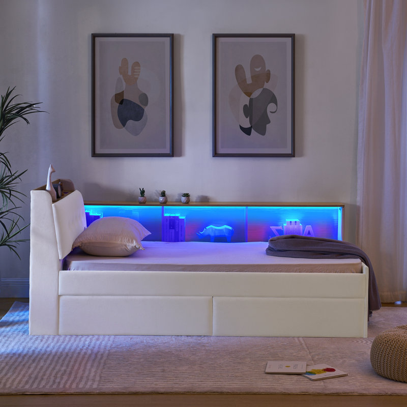 Twin Size Upholstery Velvet Day Bed With Storage Headboard And Wireless Charging, Multi-Functional Daybed With Two Storage Drawers & LED Lights, Beige