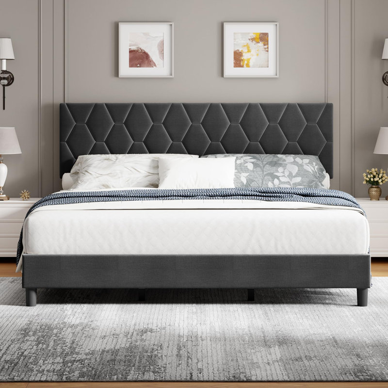 Structure de lit double avec tête de lit tapissier réglable, lattes en bois massif, aucun sommier requis, Gris