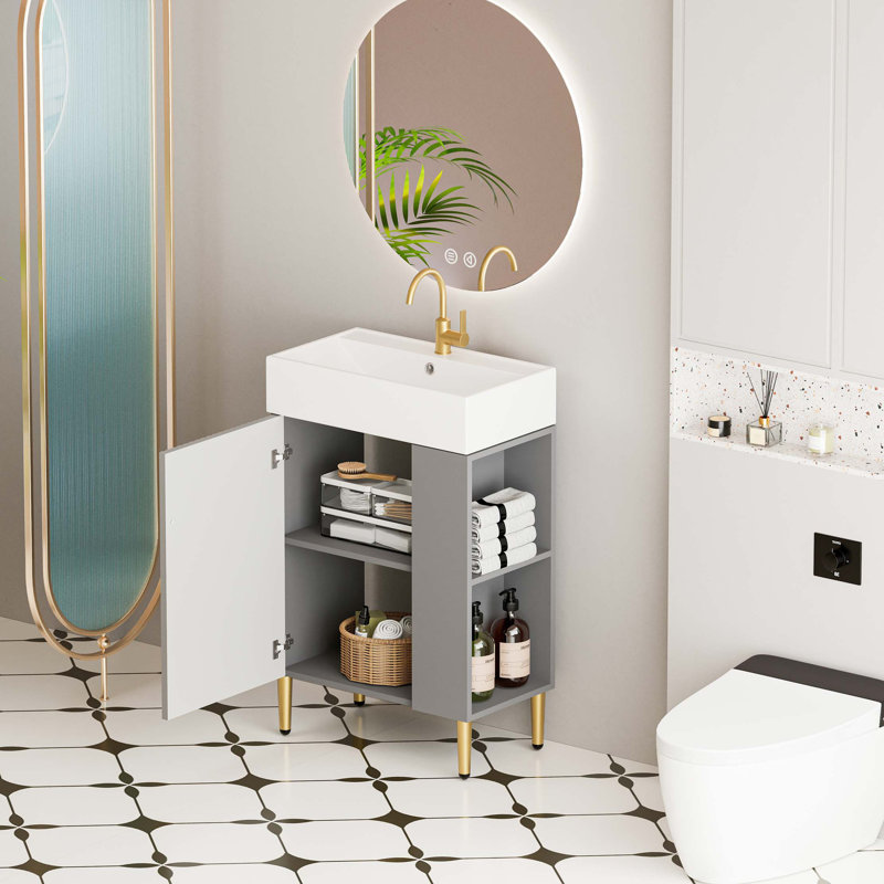 Meuble-lavabo à tablettes ouvertes de 21,6 po avec lavabo en céramique, porte à fermeture en douceur, tablette de rangement à droite, assemblage requis