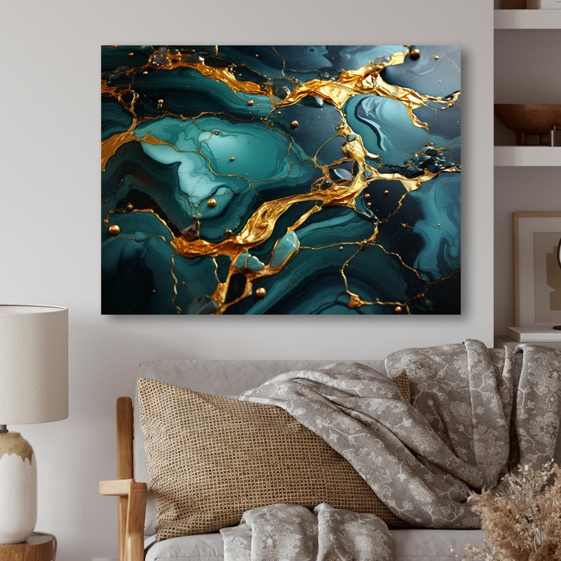 «Green and Gold Topaz Agate Granite II», reproduction d'art murale abstraite en métal, H 12 po x l 20 po x P 1 po