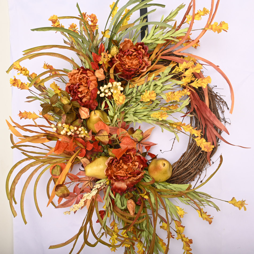 26" Artificial Fall Autumn Thanksgiving Pear Fruits Peony Front Door Wreath Primrue