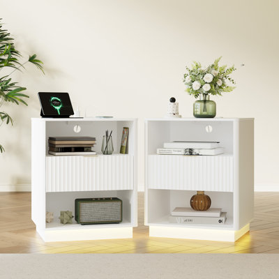 Set of 2 White Fluted Nightstands with Charging Station & LED Light, Mid Century Bedside Tables with Drawer, Wood End Tables for Bedroom, White
