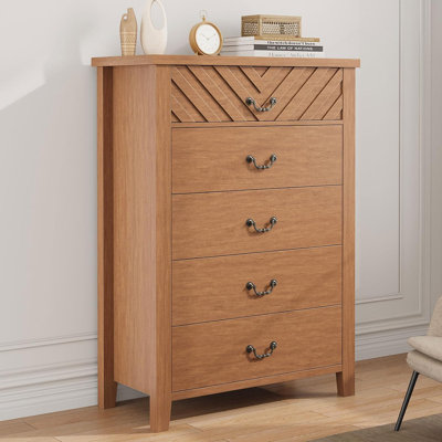 5 Drawer Dresser for Bedroom, Brown 5 Chest of Drawers Nightstand with Elegant V Shape Design, Wooden Dresser Organizer for Living Room, Nursery, Entr by Mercer41