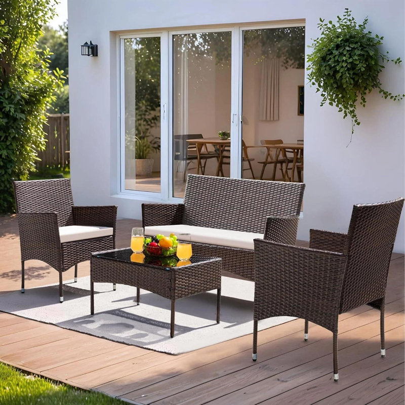 Rattan Garden Furniture Set 4 Piece Table Chairs Sofa Wicker Outdoor Patio Set, Brown
