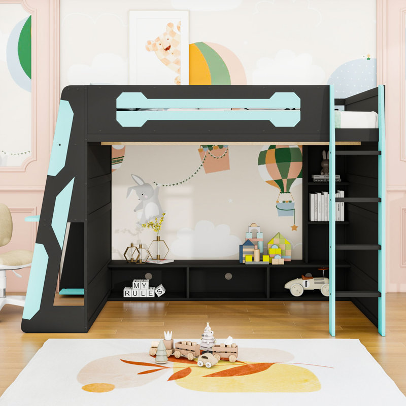 Lit mezzanine double en bois avec bureau, tablettes et lumière RVB, Bleu nuage