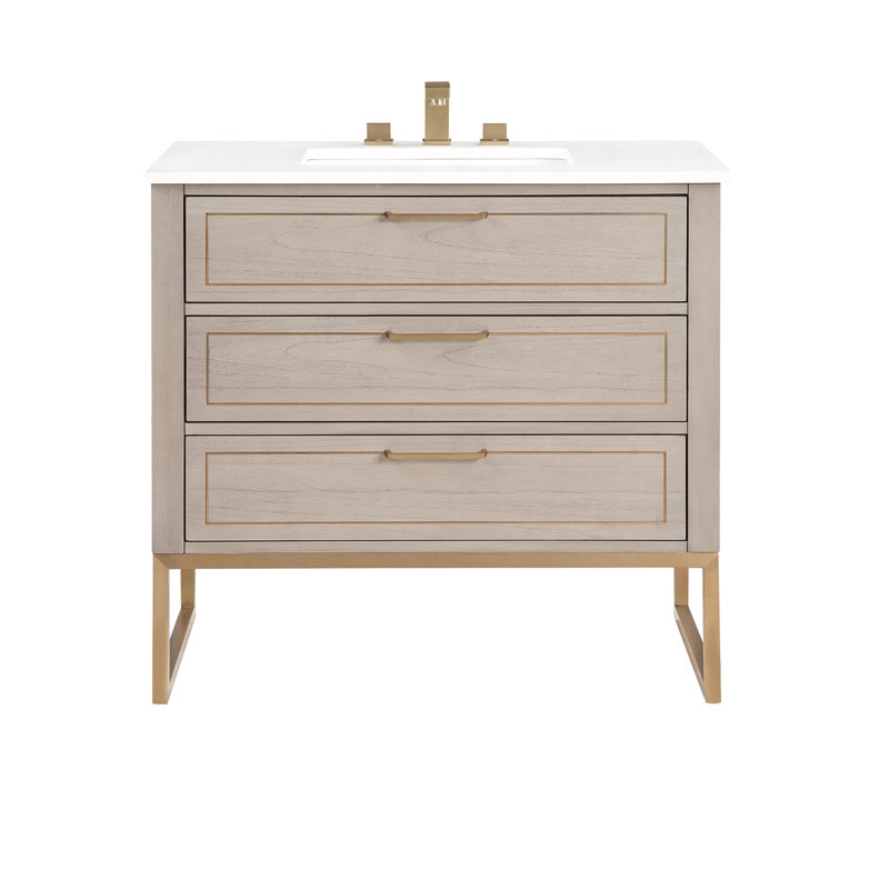 Markham 36'' W Single Vanity, Cashmere Gray, Satin Brass, White Quartz