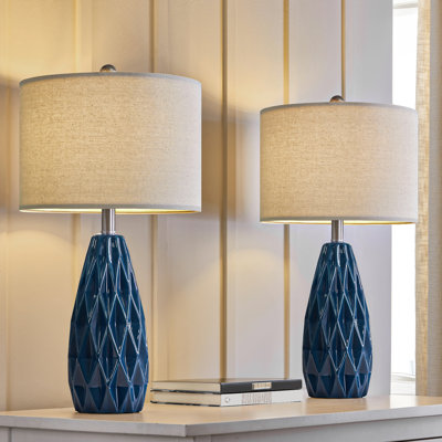 24.75" Modern Ceramic Table lamp, Blue Embossed Bedside Lamp Table Lamps for Living Room Bedroom