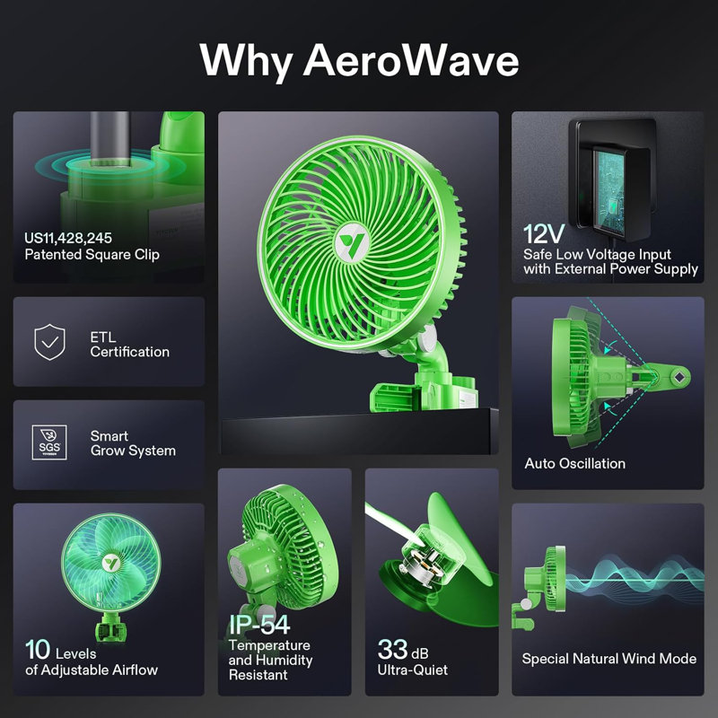 Ventilateur à pince oscillante 10 po VIVOSUN, Vert