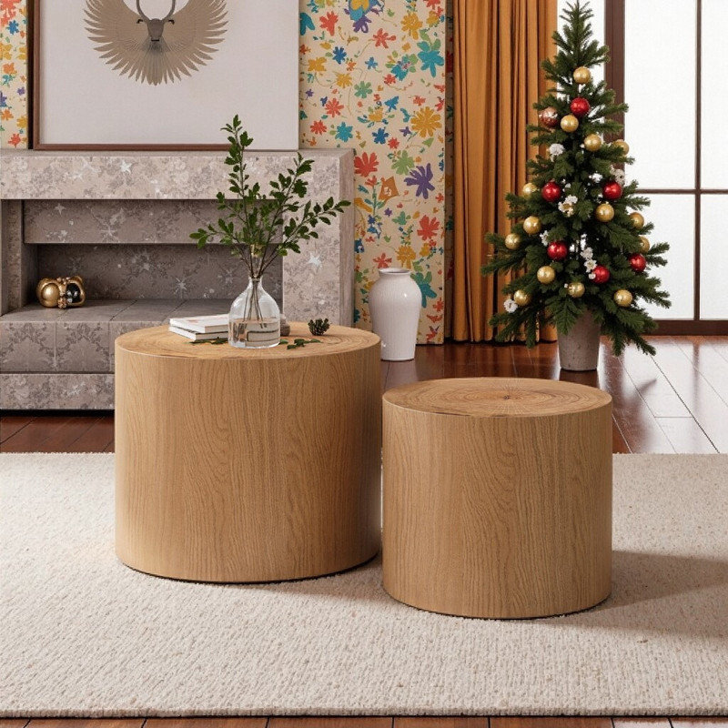 Ensemble de 2 tables d'appoint rondes en bois, Bois naturel