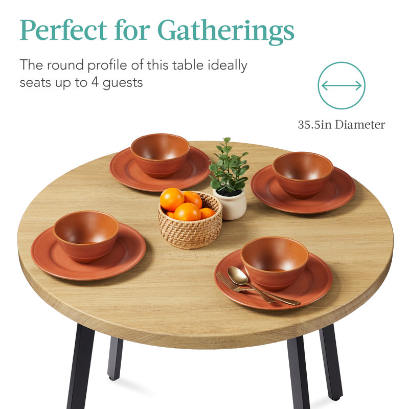 35.5'' Natural Wood Round Dining Table with Black Steel Legs