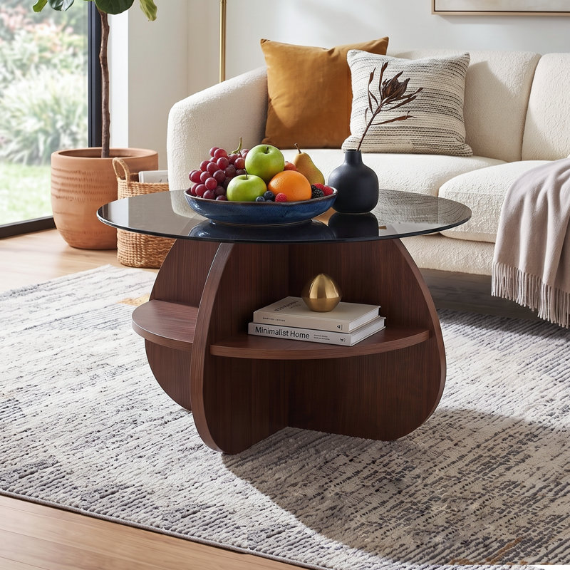 Table basse ronde avec plateau en verre trempé gris et base de rangement en noyer pour les salons