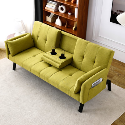 70 - Inch Cotton And Linen Bed With Foldable Feature, Cup Holder Armrest Storage, 2 Seats, Ideal For Small Sized Homes Bed, Inch, Central Side Suitable
