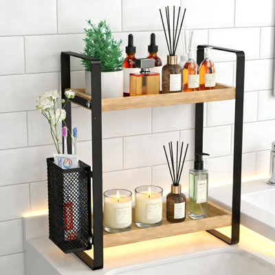 Support de rangement de comptoir de salle de bain en bois 2 couches avec paniers de rangement