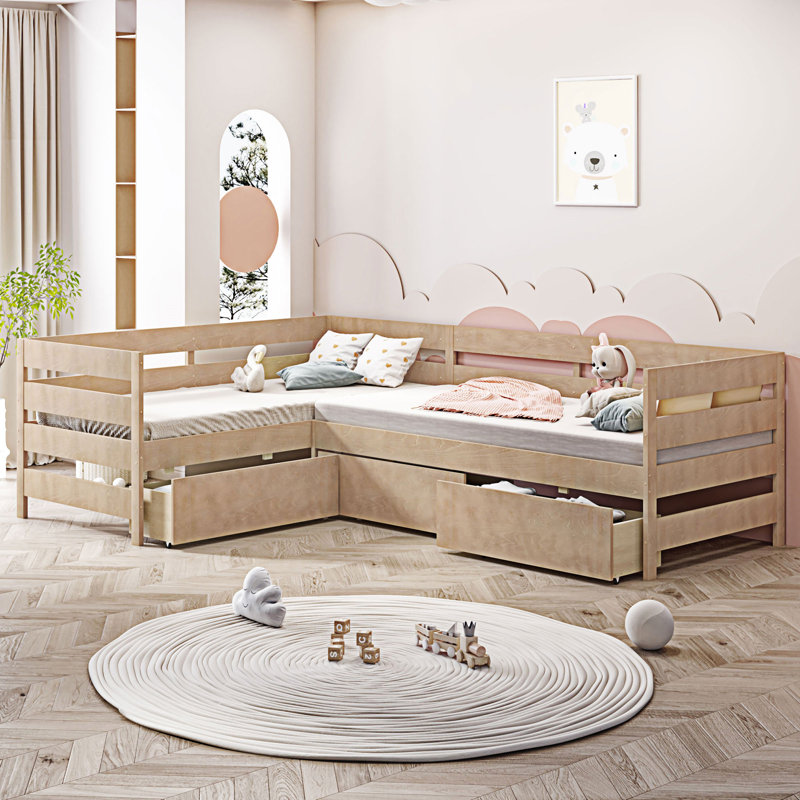 Lit plateforme en L avec trois tiroirs de rangement, Naturel