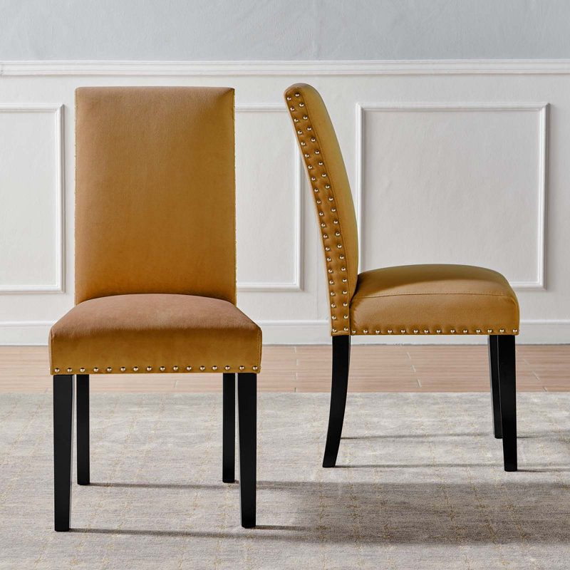 Chaises d'appoint de salle à manger à garniture cloutée en velours argenté Orchid Lind par Modway, Cognac