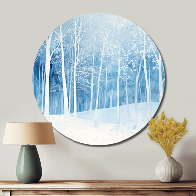 Forêt glacée d'hiver en blanc et bleu - Paysages, art mural rond en métal