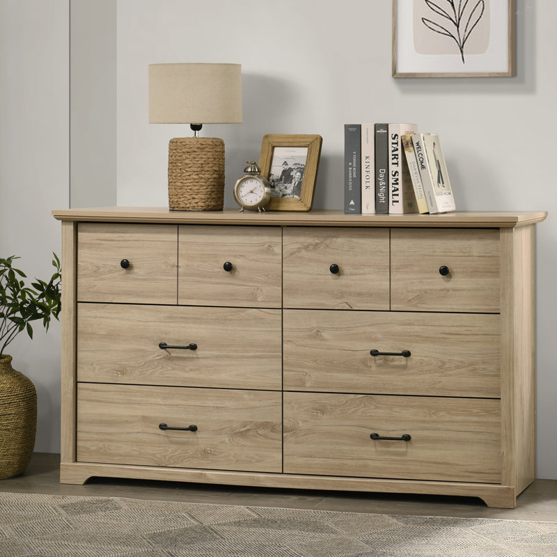 Commode 6 tiroirs avec poignées noires Elara, Chêne clair