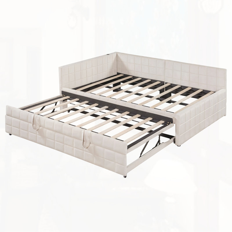 Lit de jour rembourré en L avec lit gigogne escamotable, Beige