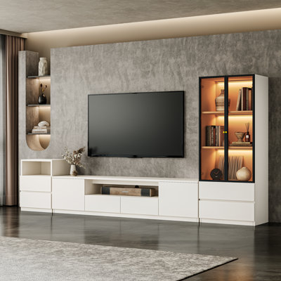 Crafton Modern 122'' White Entertainment Center With Bookshelves For 55/58/65/70/75 Inch TV, Wood Storage Media Console Includes TV Console Table, Lights Glass Display Bookshelf And Drawer Cabinet For Living Room