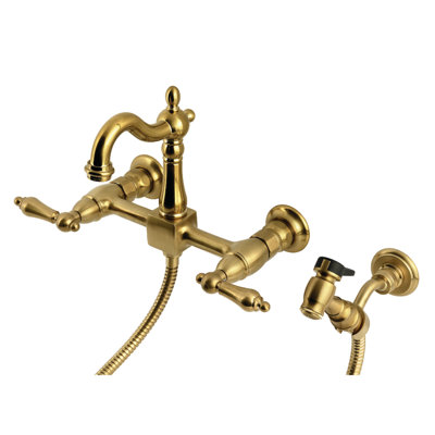 Kingston Brass Heritage Double-Handle 3-Hole Wall-Mount Bridge Kitchen Faucet with Brass Sprayer