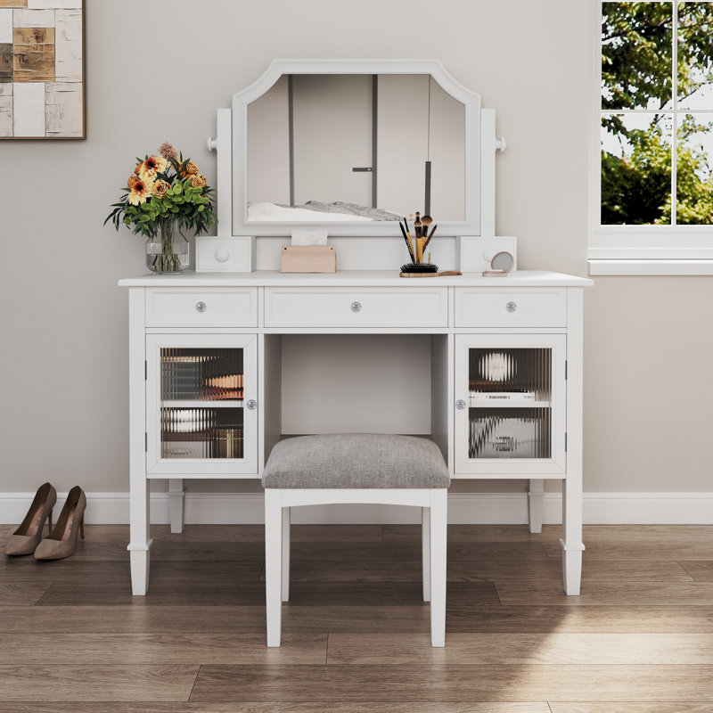 Meuble-lavabo de 44,4 po avec grand miroir ajustable, coiffeuse avec tiroir et armoire, coiffeuse pour la chambre à coucher peu encombrante, blanc