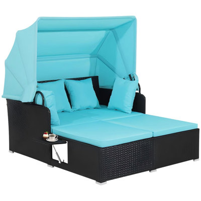 60.5 In. L X 65 In W PE Rattan Patio Daybed With Cushions Retractable Canopy
