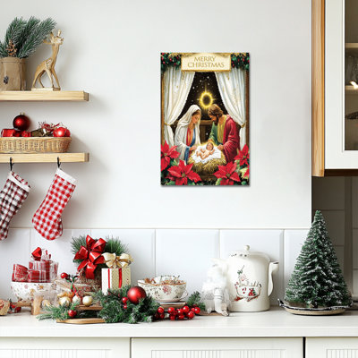 Nativity Scene Canvas Wall Art Christmas Poster, Mary Joseph and Baby Jesus Birth Painting Print, Framed Canvas Artwork for Living Room Church Home Decor, 24x36 Inch Picture, 12×16 Inches