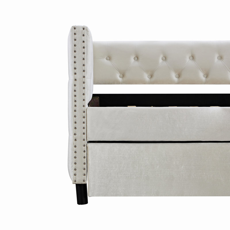 Daybed with Trundle  Sofa Bed, upgraded velvet upholstered  with Button on Square Arms, Beige, Full