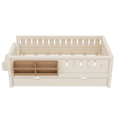 Wooden Bed With Built-In Bookshelves And Trundle