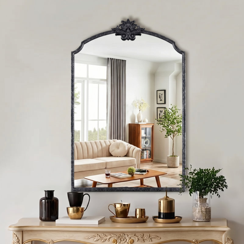 Lindon Arched Iron Wall Mirror, 30" x 20", Antique Black