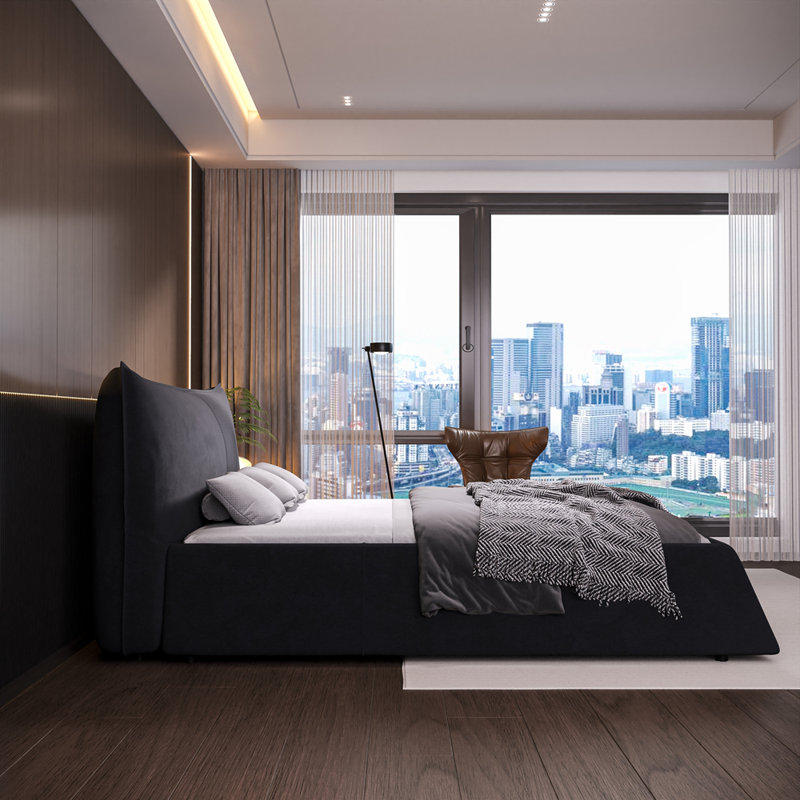 Lit plateforme tapissier Velvet, Noir, Grand lit
