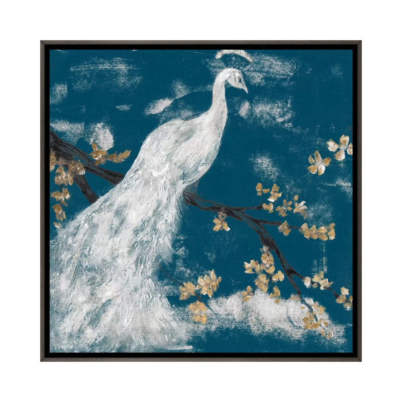 "White Peacock on Indigo I" par Jennifer Goldberger-impression, H 18 po x l 18 po x 1,5 po