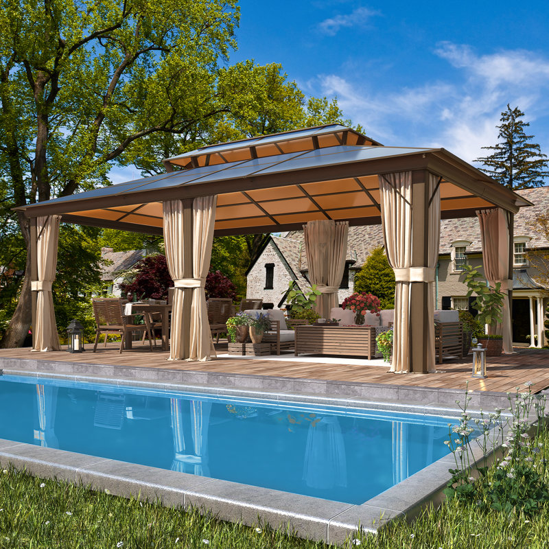 EROMMY 18 ft. W x 12 ft. D Hardtop Aluminum Gazebo, Permanent Pavilion with Curtains and Netting, Outdoor Double Roof Canopy, Designed for Garden, Lawns, Patio
