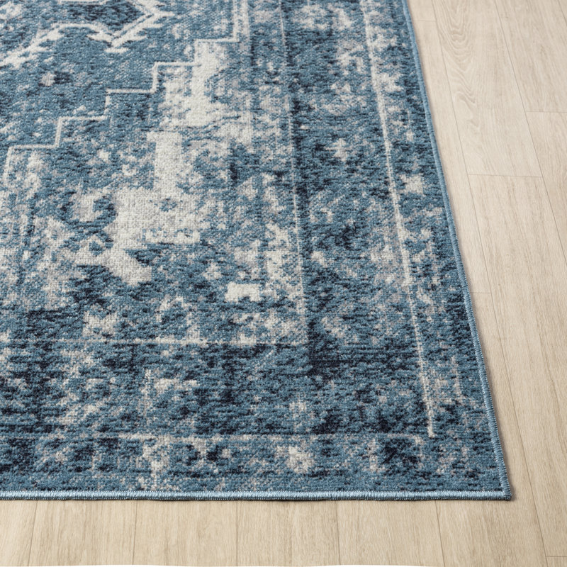 Blue/Ivory Classic Oriental Medallion Machine Washable Rug, Rectangle 5' x 7'