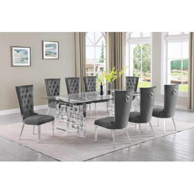 Ensemble de salle à manger rectangulaire en verre transparent avec chaises en velours L 95 po x l 46 po Borel