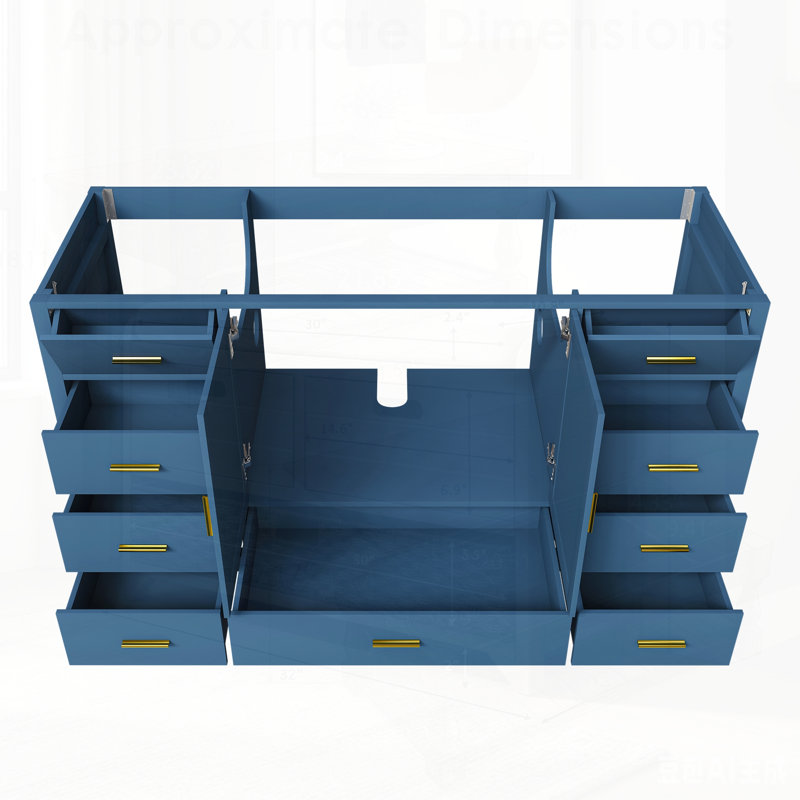 Base de meuble-lavabo avec 2 portes doubles à fermeture en douceur, 1 grand tiroir, 6 petits tiroirs et 2 petits compartiments de rangement rabattables